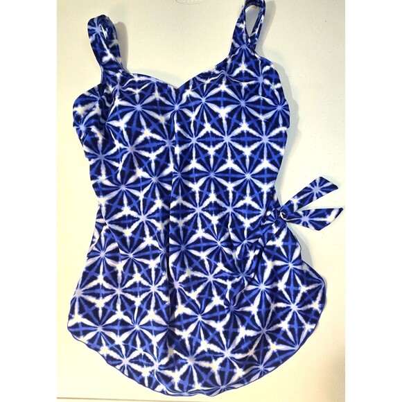 Maxine of Hollywood Other - Maxine of Hollywood One Piece Swimdress Blue/White Geometric Side Tie Size 20